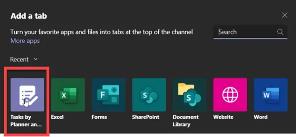 screenshot of Microsoft Teams - how to add a tab
