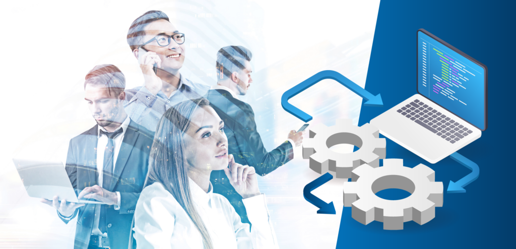 A dynamic composite image showing a group of business professionals superimposed over digital elements, including a laptop with coding data and graphical icons. The individuals appear engaged in various activities like using a smartphone, looking at a tablet, and deep in thought.