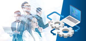 A dynamic composite image showing a group of business professionals superimposed over digital elements, including a laptop with coding data and graphical icons. The individuals appear engaged in various activities like using a smartphone, looking at a tablet, and deep in thought.