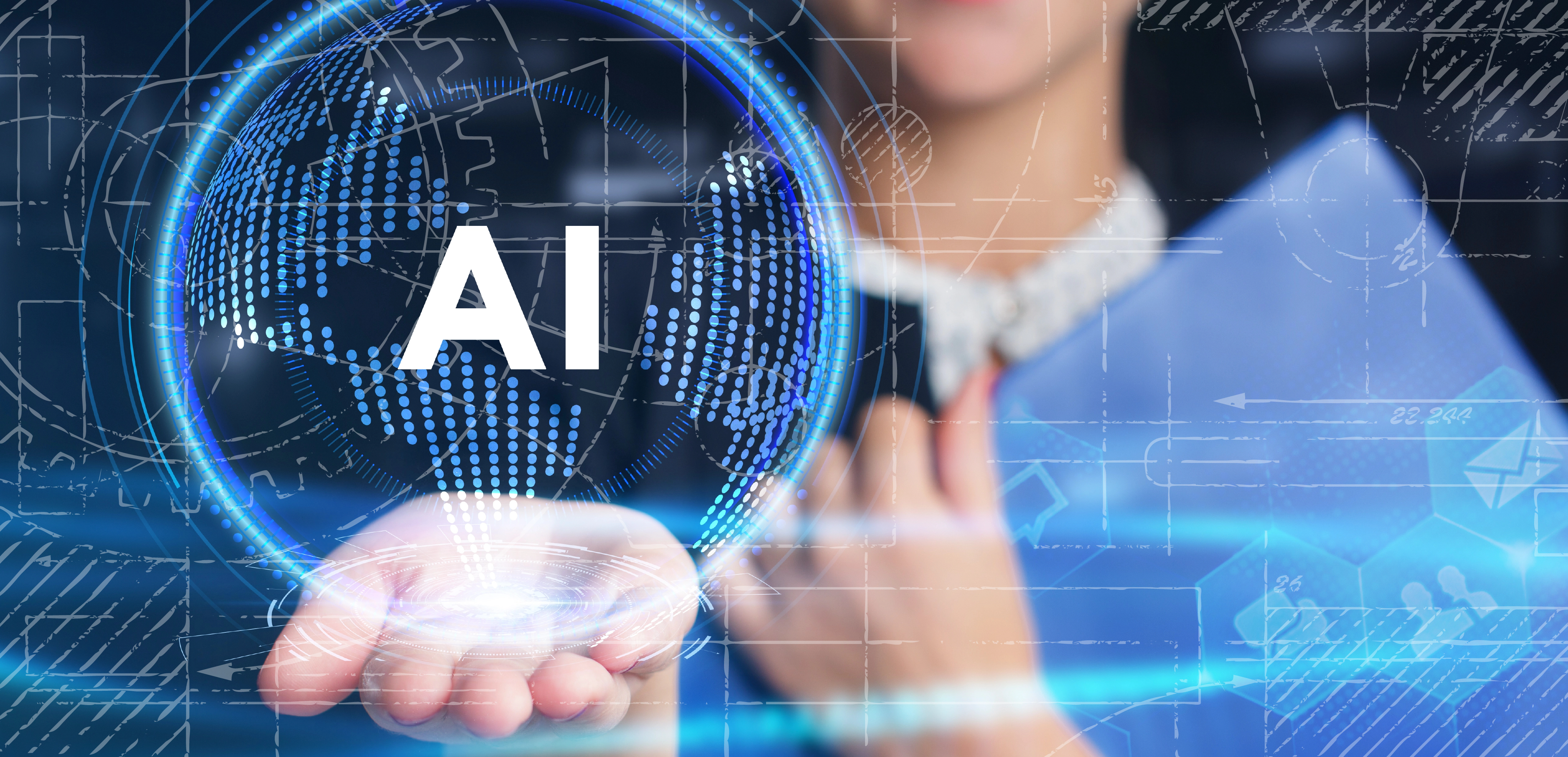 Futuristic image showcasing a hand interacting with advanced AI technology holograms, symbolizing the integration of artificial intelligence in business processes.