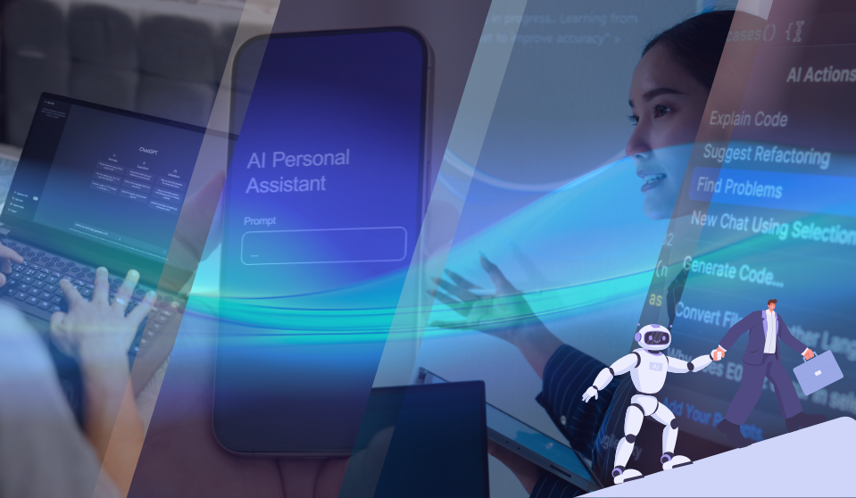 An image representing the title and theme of the blog: The Four Levels of Association AI: Moving from Soft ROI to Real Results by 2030. With a blue overlay, there is a collage of AI being used on various devices: phones, tablets, laptops. There is also an illustration of a man in a business suit walking hand-in-hand with a robot.