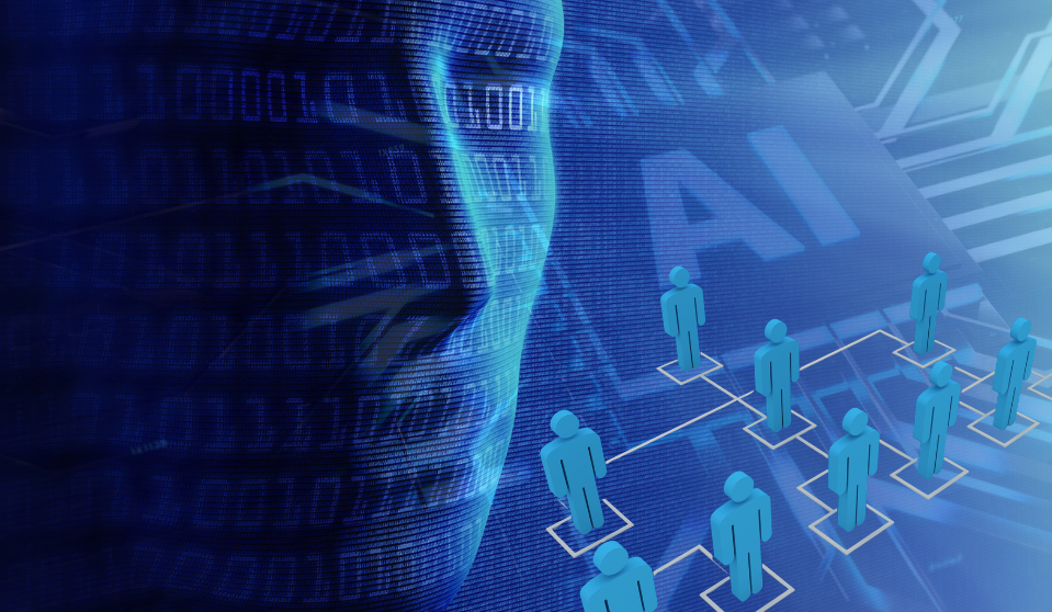 An image that represents the title of the blog: What Should We Decide Before Rolling Out AI? It has a blue background, with a robot-looking face that represents artificial intelligence. Binary code runs in the background.