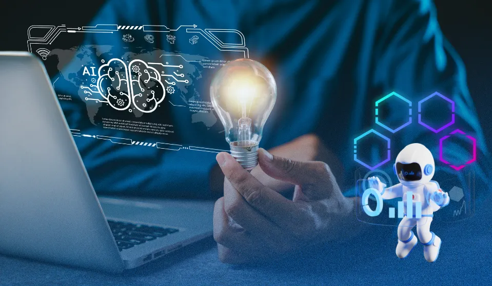 An image of someone sitting at a computer, holding a glowing lightbulb. A glowing diagram with the word AI is coming out of the computer, with an illustration of a little robot. The image is meant to represent the themes of the article around AI adoption and AI strategies for associations.