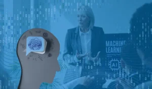 An image that represents the blog title: Why Doesn't AI Training Always Lead to Adoption? There is an illustration of a person's silhouette with their brain on a post-it, super imposed on a woman who is leading a training session AI in an office setting.