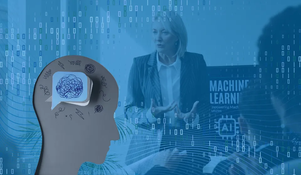 An image that represents the blog title: Why Doesn't AI Training Always Lead to Adoption? There is an illustration of a person's silhouette with their brain on a post-it, super imposed on a woman who is leading a training session AI in an office setting.