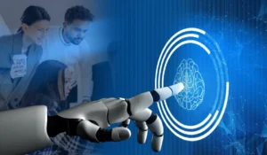 An image to represent the blog title which is: Why Isn’t Buying an AI Tool the Same as Adopting AI? There are two men looking on as a robot hand presses a fingerprint button.