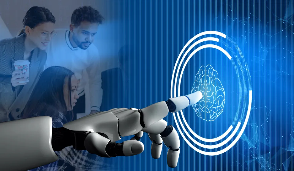 An image to represent the blog title which is: Why Isn’t Buying an AI Tool the Same as Adopting AI? There are two men looking on as a robot hand presses a fingerprint button.