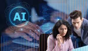 An image that represents the blog title: Why Isn't Our Association's AI Investment Working? There is an AI icon, superimposed on top of hands typing at a keyboard. In the righthand corner, a man and a woman stare at a computer, confused.