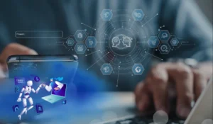 An image to represent the blog title: How Do Associations Move from AI Experimentation to Real AI Strategy? There is a close up on someone typing at a computer, with icons superimposed on screen to look like the features of AI working: networking, robots, etc.