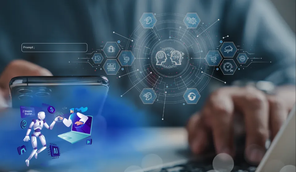 An image to represent the blog title: How Do Associations Move from AI Experimentation to Real AI Strategy? There is a close up on someone typing at a computer, with icons superimposed on screen to look like the features of AI working: networking, robots, etc.