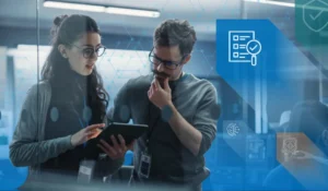 An image to represent the blog title: What Do You Actually Get from an IT Assessment? (A Guide for Associations and Nonprofits). There is a picture of a man and a woman looking intently at a tablet. An icon of a checklist is superimposed on the screen.