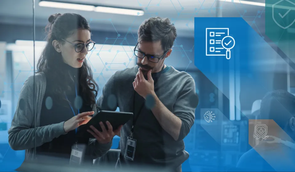 An image to represent the blog title: What Do You Actually Get from an IT Assessment? (A Guide for Associations and Nonprofits). There is a picture of a man and a woman looking intently at a tablet. An icon of a checklist is superimposed on the screen.