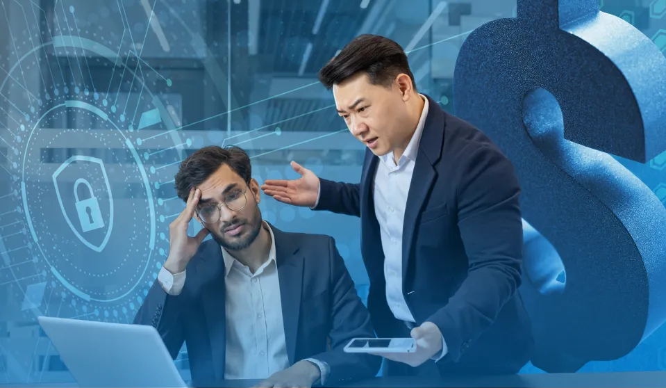 An image to represent the blog title: The Real Cost of Deferring Cybersecurity Investment (And Why Catching Up Is Always More Expensive) There is a photo of two men looking stressed, one is sitting and one is standing, over a computer. There is a giant dollar sign in the background to represent money and finances.