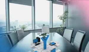 An image to represent the blog title: Why Associations and Nonprofits Need IT at the Strategic Planning Table. There is a photo of a boardroom in an office tower. The table is empty, but there are icons of support person, puzzle pieces and technology to represent the theme.
